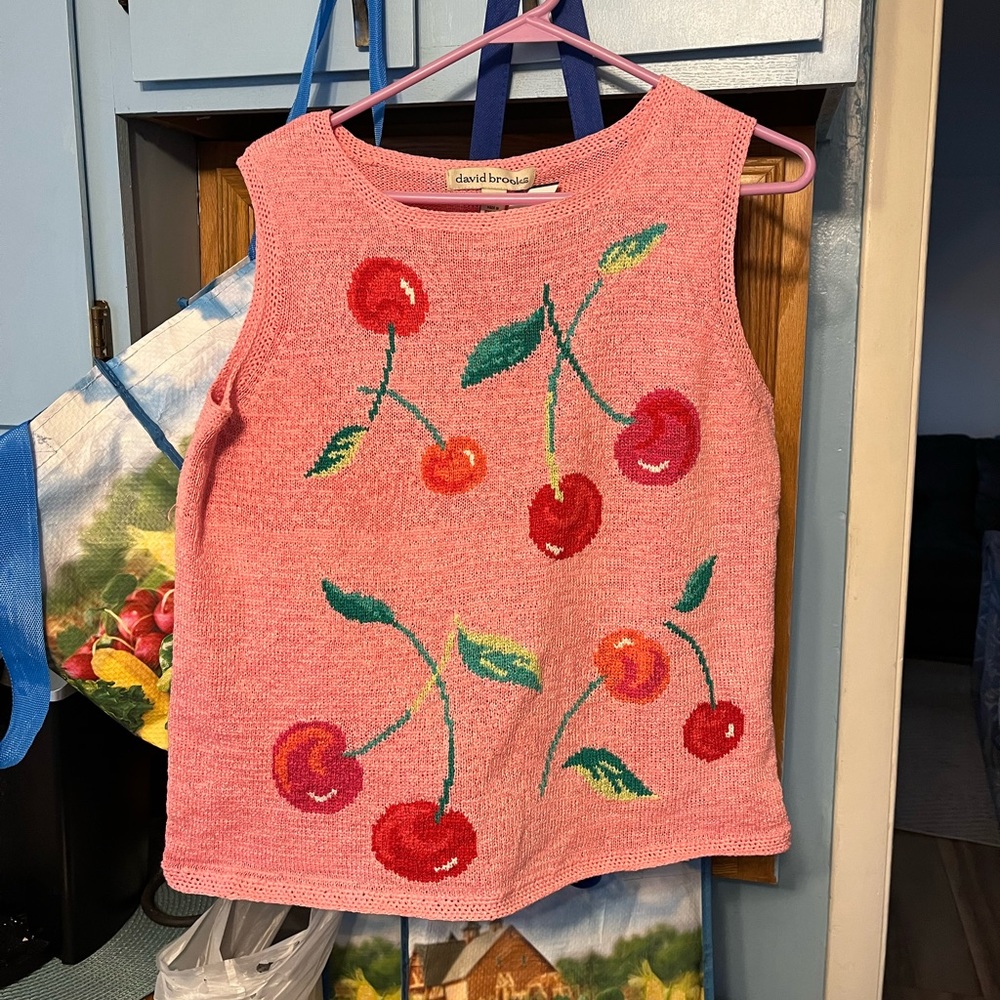 David Brooks Cherry Print Pink Top!
